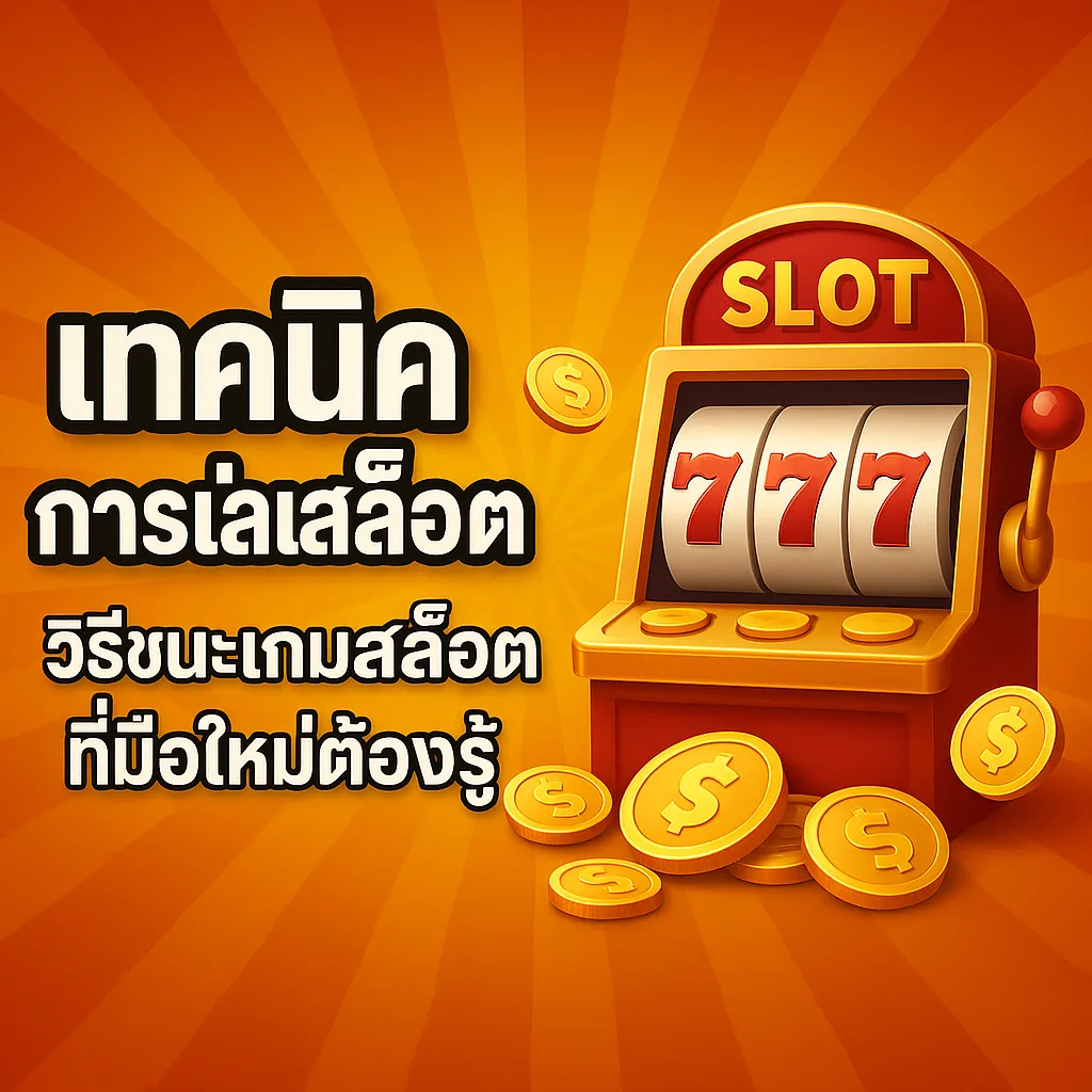 Banner เทคนิคเล่นสล็อต วิธีชนะเกมสล็อตที่มือใหม่ต้องรู้ พร้อมภาพตู้สล็อต 777 และเหรียญทองพื้นหลังสีส้ม